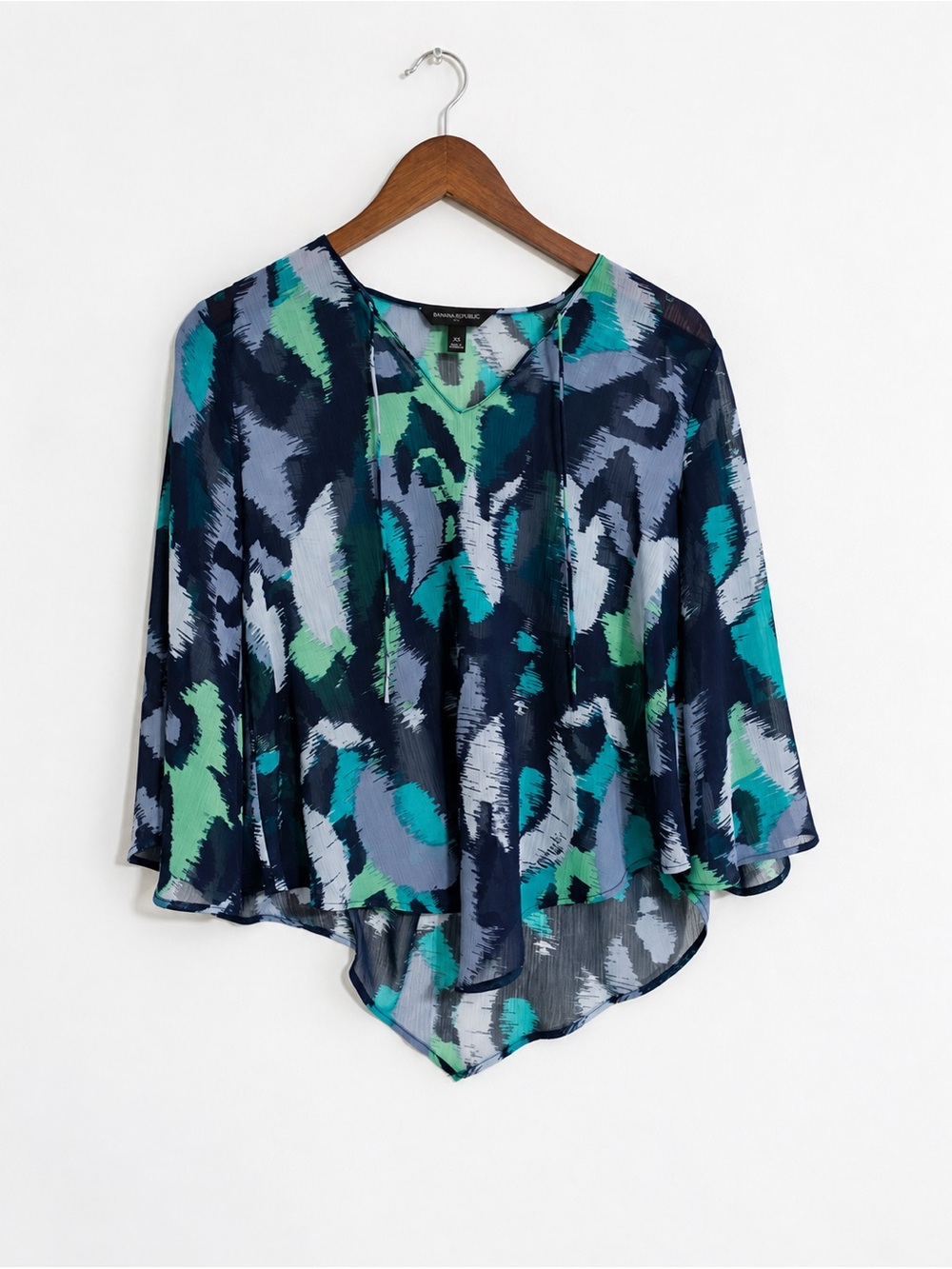 Banana Republic Navy Green Abstract Print Tie Neck Blouse Size XS EUC